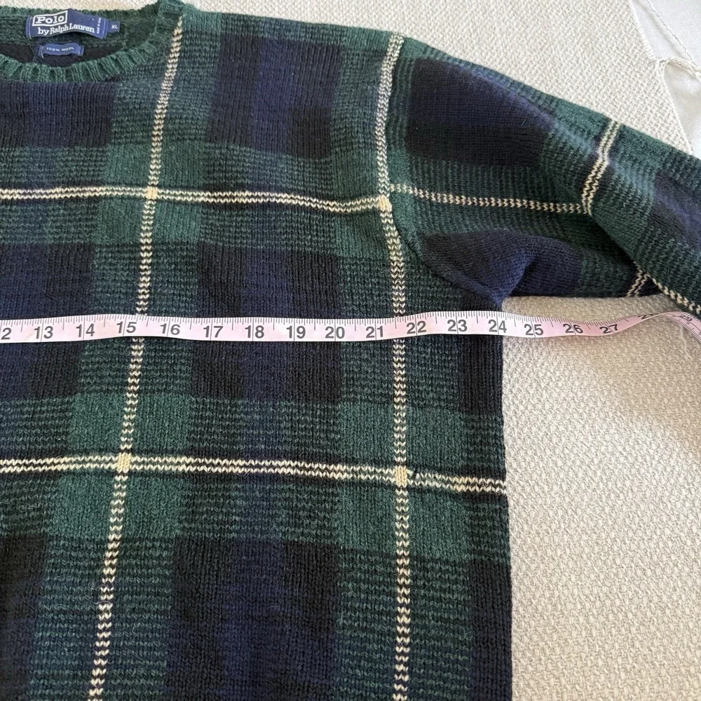 Vintage Polo Ralph Lauren Men's XL Wool Sweater Plaid Crew Neck Blue Green Knit